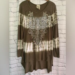 Vocal Tie Dyed Gothic Cross Embellished Hi Lo Tunic Top Size Small